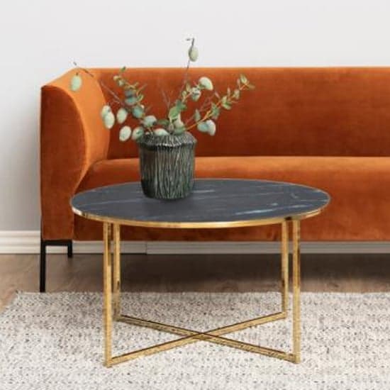 Arcata Black Marble Glass Coffee Table Round With Gold Frame_1