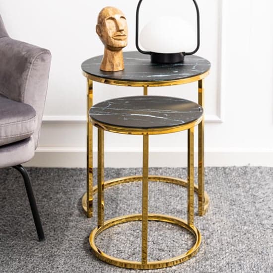 Arcata Black Marble Glass Nest Of 2 Table Round With Gold Frame_2