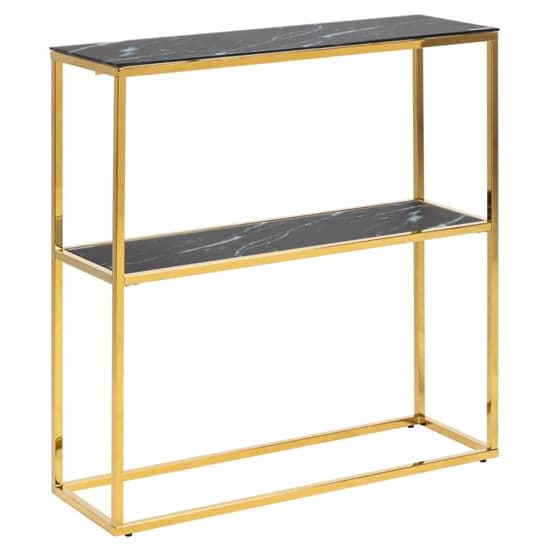 Arcata Black Marble Glass Shelves Console Table With Gold Frame_2