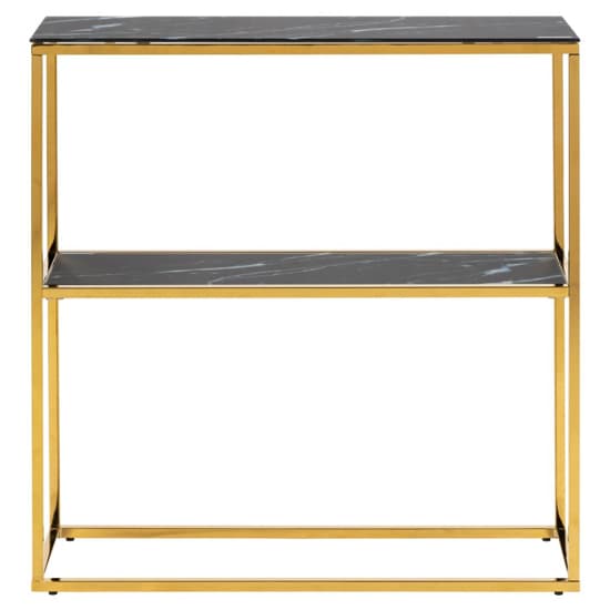 Arcata Black Marble Glass Shelves Console Table With Gold Frame_3