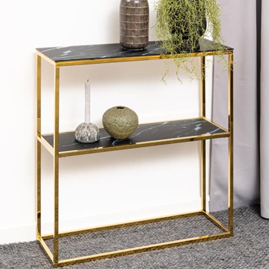 Arcata Black Marble Glass Shelves Console Table With Gold Frame_1