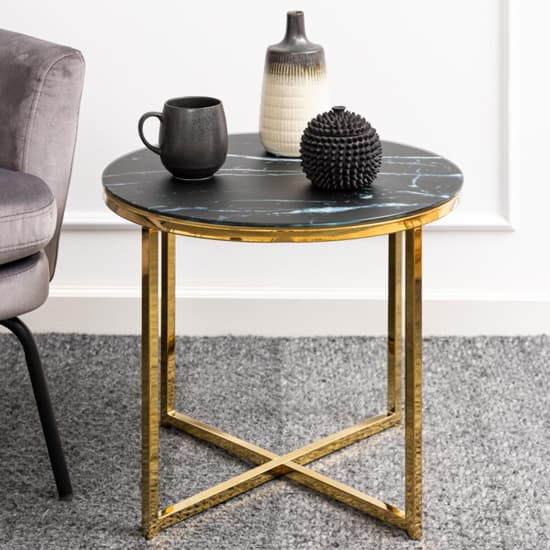 Arcata Black Marble Glass Side Table Round With Gold Frame_1