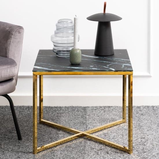 Arcata Black Marble Glass Side Table Square With Gold Frame_1