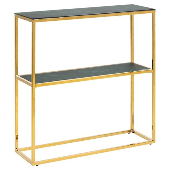Arcata Green Marble Glass Shelves Console Table With Gold Frame_2