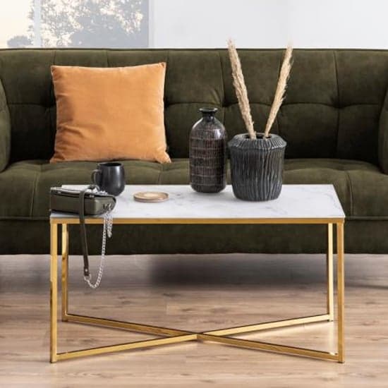 Arcata White Marble Glass Coffee Table With Gold Frame_1