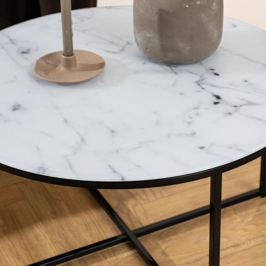 Arcata White Marble Glass Coffee Table Round With Black Frame_5