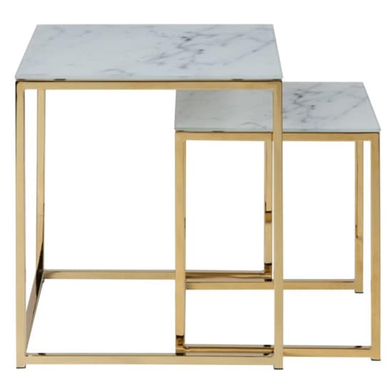 Arcata White Marble Glass Nest Of 2 Table Square With Gold Frame_3