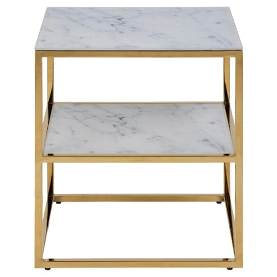 Arcata White Marble Glass Shelves Bedside Table With Gold Frame_2