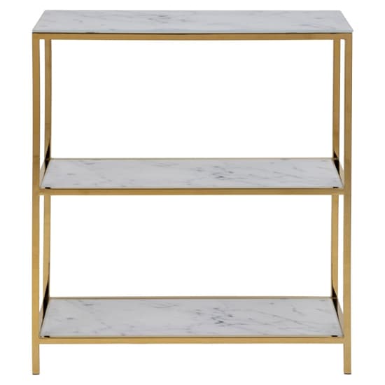 Arcata White Marble Glass Shelves Bookcase With Gold Frame_3