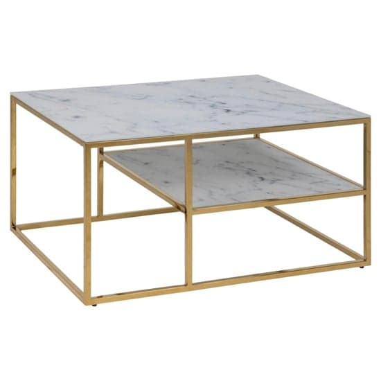 Arcata White Marble Glass Shelves Coffee Table With Gold Frame_2