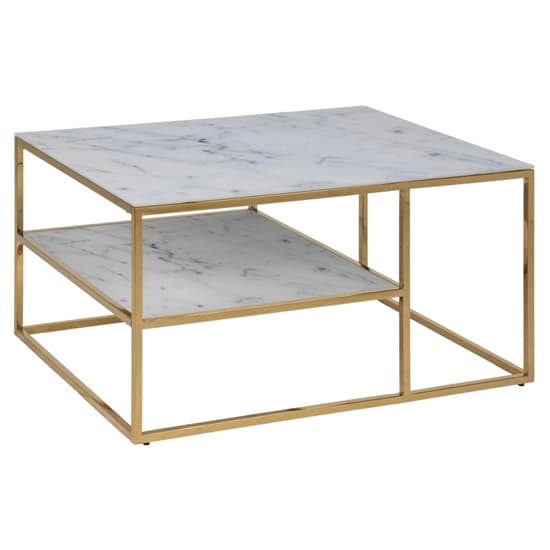 Arcata White Marble Glass Shelves Coffee Table With Gold Frame_4