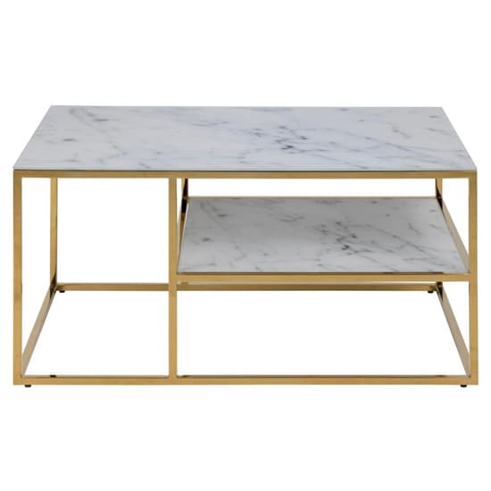 Arcata White Marble Glass Shelves Coffee Table With Gold Frame_5