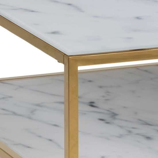 Arcata White Marble Glass Shelves Coffee Table With Gold Frame_6