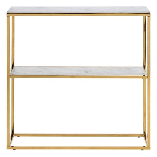 Arcata White Marble Glass Shelves Console Table With Gold Frame_2