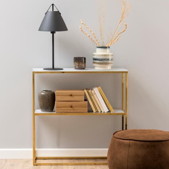 Arcata White Marble Glass Shelves Console Table With Gold Frame_6