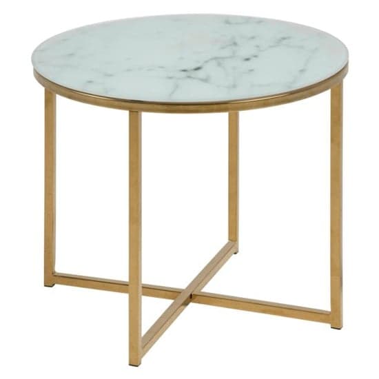 Arcata White Marble Glass Side Table Round With Gold Frame_1