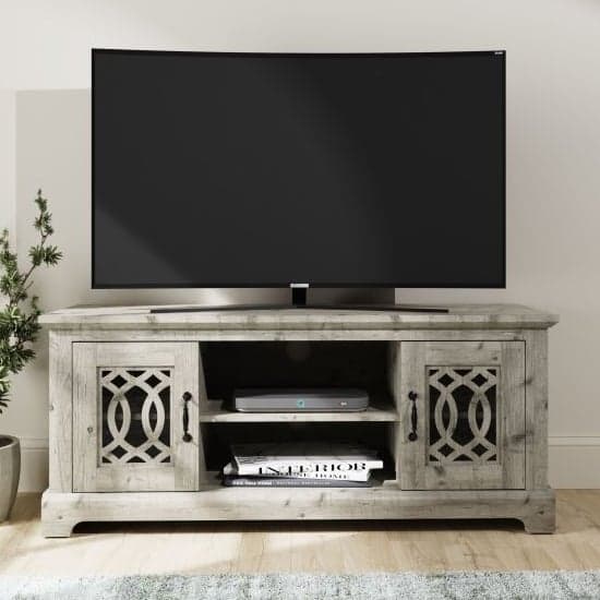Arcata Wooden TV Stand With 2 Mirroed Doors In Mexican Grey_1