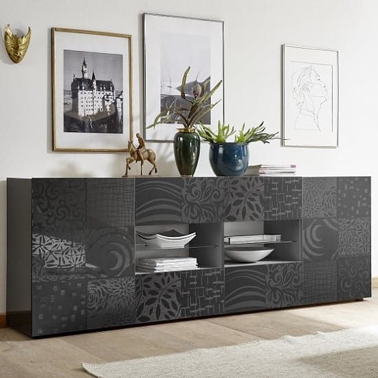 Ardent Large Sideboard In Grey High Gloss With 2 Doors And LED