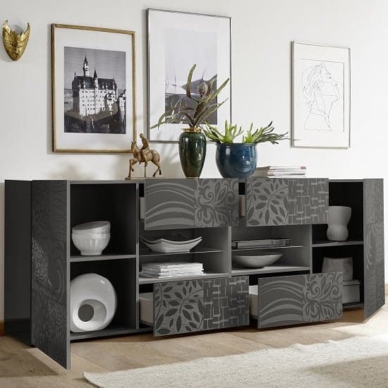 Ardent Large Sideboard In Grey High Gloss With 2 Doors And LED_2