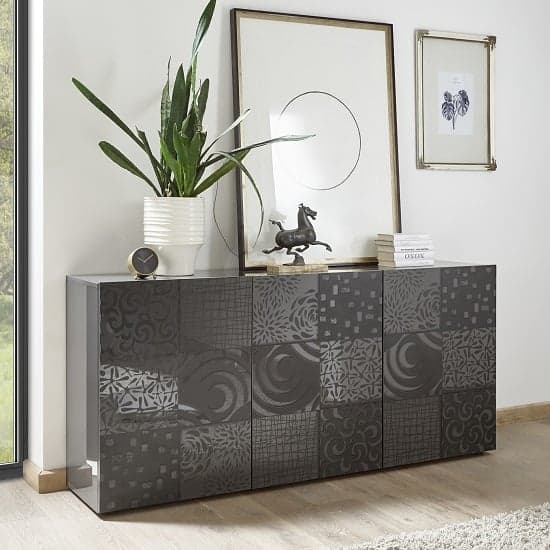 Ardent Modern Sideboard In Grey High Gloss With 3 Doors_1