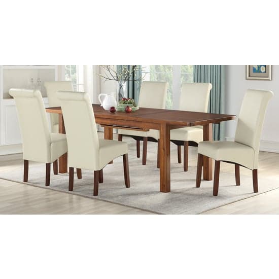Areli Acacia Wood Extending Dining Set With 4 Cream Sika Chairs_1