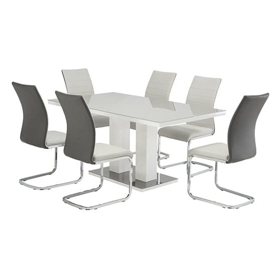 Aarina Grey Gloss Dining Table With 6 Joster Light Grey Chairs