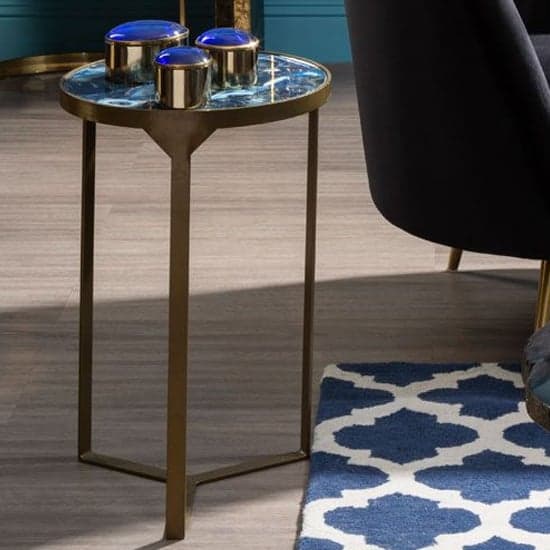 Arenza Round Blue Agate Stone Side Table With Gold Base_1