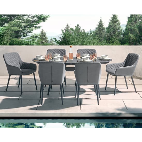 Arica Outdoor Oval Wooden Dining Table With 6 Grey Armchairs_1