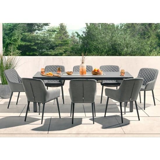 Arica Rectangular Wooden Dining Table With 8 Grey Armchairs_1