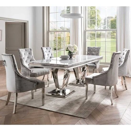 Arleen Medium Marble Dining Table With 6 Bevin Pewter Chairs_1