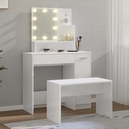 Arles High Gloss Dressing Table Set In White With LED_2