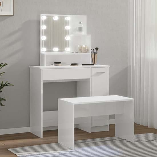 Arles High Gloss Dressing Table Set In White With LED_1