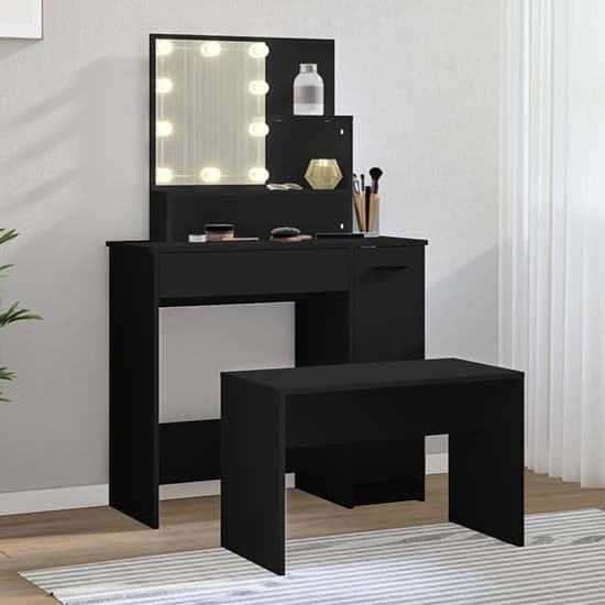 Arles Wooden Dressing Table Set In Black With LED_2