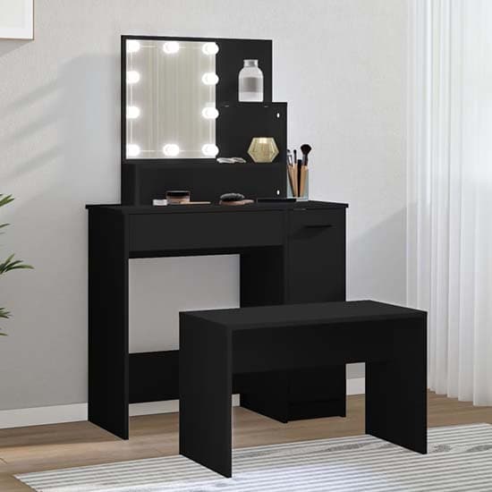 Arles Wooden Dressing Table Set In Black With LED_1