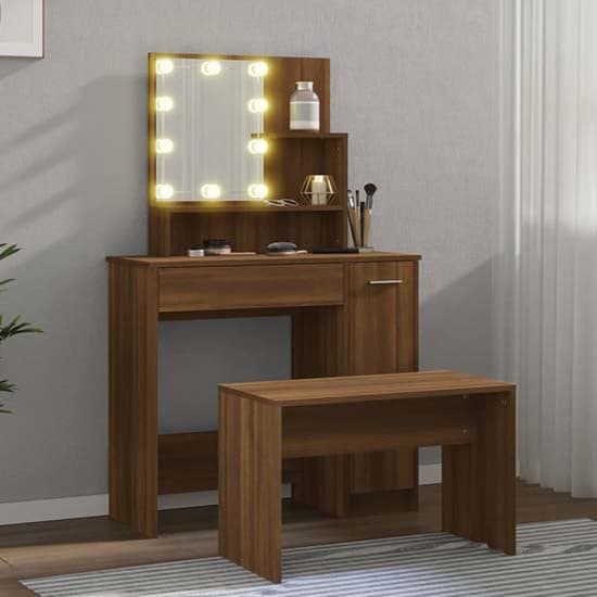 Arles Wooden Dressing Table Set In Brown Oak With LED_2