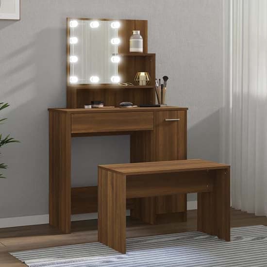 Arles Wooden Dressing Table Set In Brown Oak With LED_1