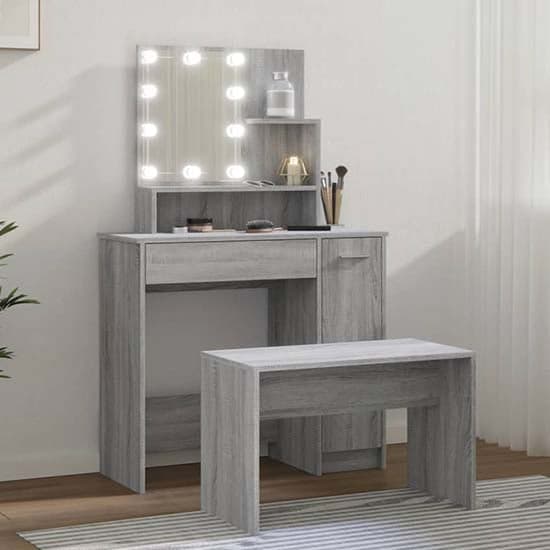 Arles Wooden Dressing Table Set In Grey Sonoma Oak With LED_1