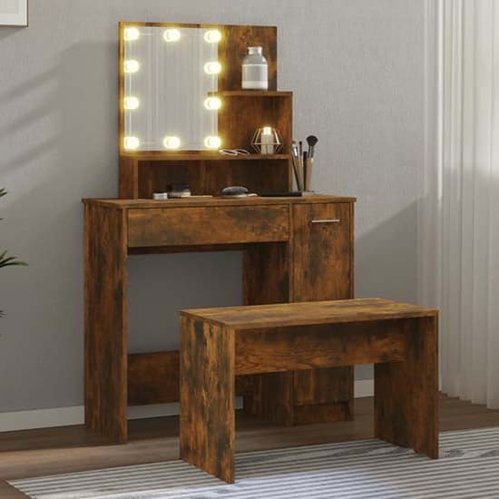 Arles Wooden Dressing Table Set In Smoked Oak With LED_2