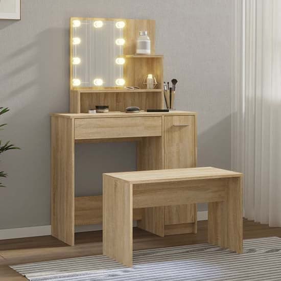 Arles Wooden Dressing Table Set In Sonoma Oak With LED_2
