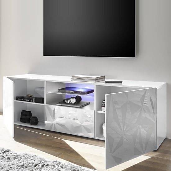 Arlon TV Stand Wide In White High Gloss With 2 Doors And LED_2