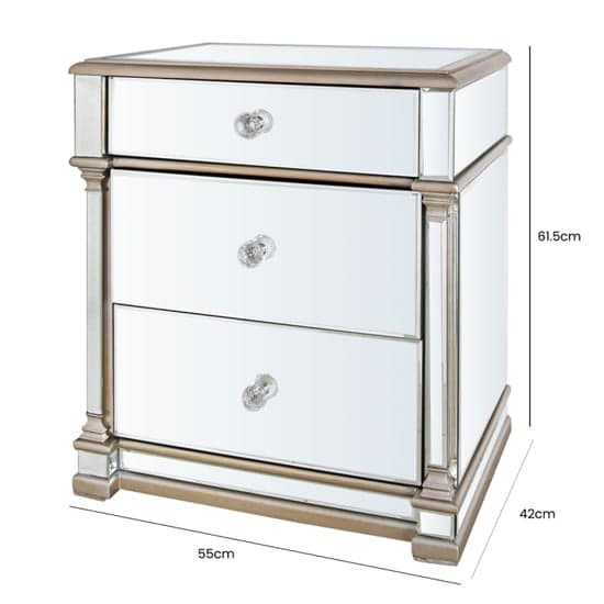 Asbury Mirrored Bedside Cabinet With 3 Drawers In Champagne_3