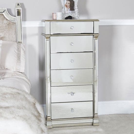 Asbury Mirrored Chest Of 6 Drawers Tall In Champagne