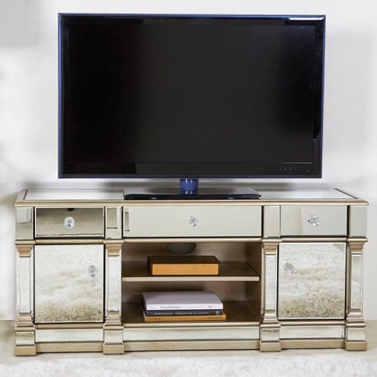 Asbury Mirrored TV Stand With 2 Doors 3 Drawers In Champagne
