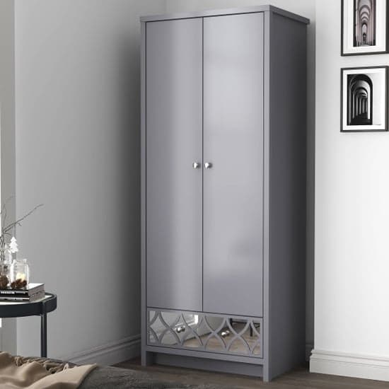 Asmara Wooden Wardrobe 2 Door 1 Mirrored Drawer In Cool Grey_1