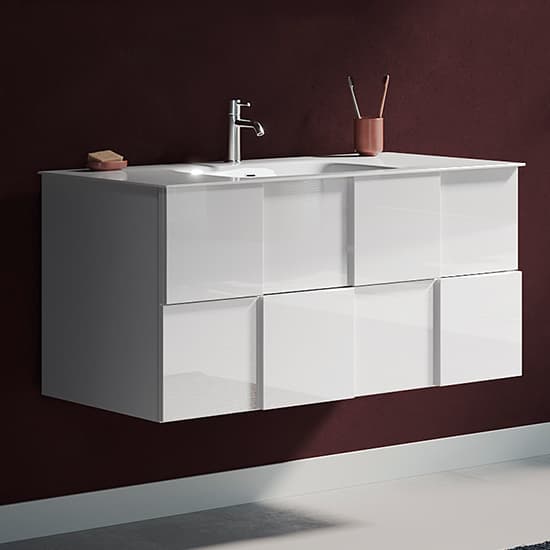 Aleta High Gloss 100cm Wall Vanity Unit And 2 Drawers In White_2