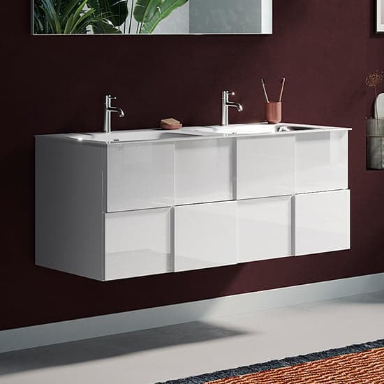 Aleta High Gloss 120cm Wall Vanity Unit And 2 Drawers In White_2