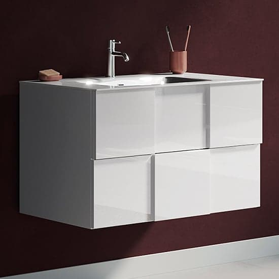 Aleta High Gloss 80cm Wall Vanity Unit And 2 Drawers In White_2