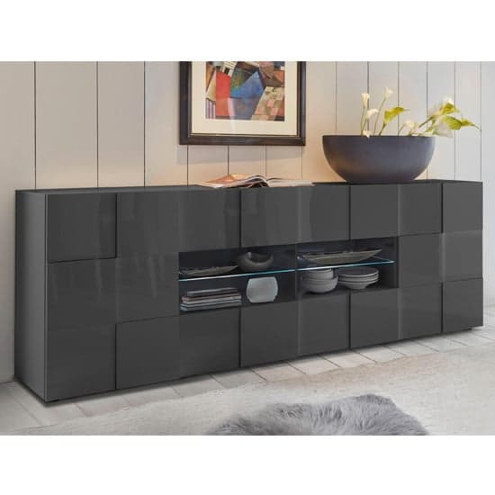 Aleta Modern Sideboard Large In Grey High Gloss With LED