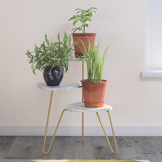 Athens Wooden Plant Stand In White Marble Effect_1