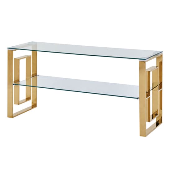 Athens Clear Glass TV Stand With Gold Metal Base_2